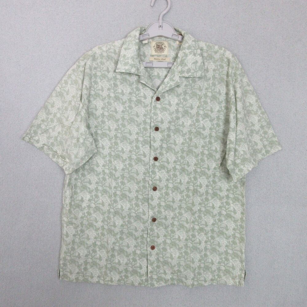 Pussers West Indies Hawaiian Shirt Mens L Green Floral Short Sleeve Bamboo Blend